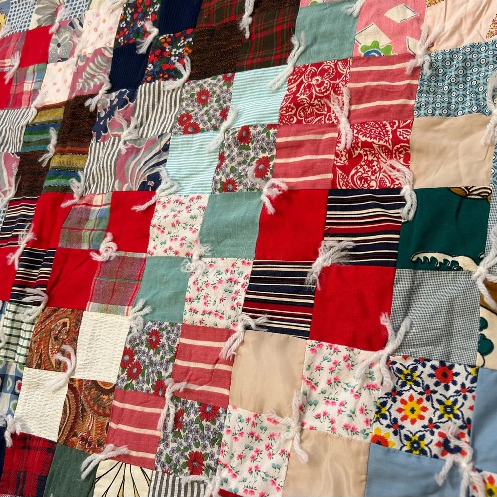 Vintage Handmade “Postage Stamp” Patchwork Quilt Multicolor Bedcover#0215265
